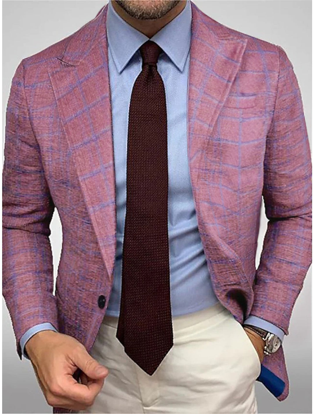 Pink Blue Men's Tailored Fit Single Breasted Two-buttons Plaid Casual Jacket