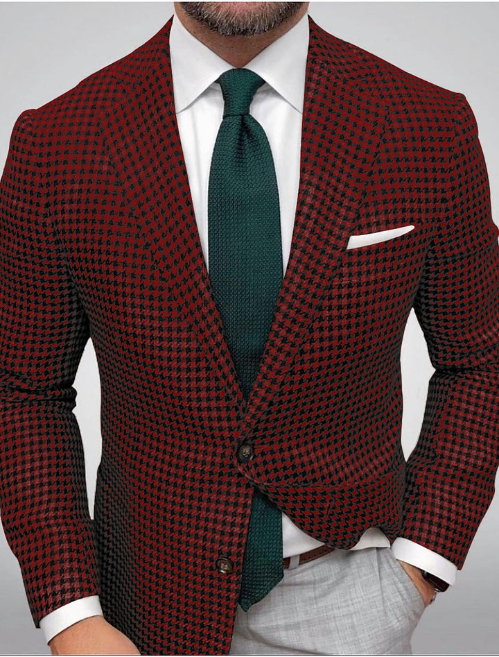 Green Red Brown Men's Tailored Fit Single Breasted Two-buttons Houndstooth Casual Jacket