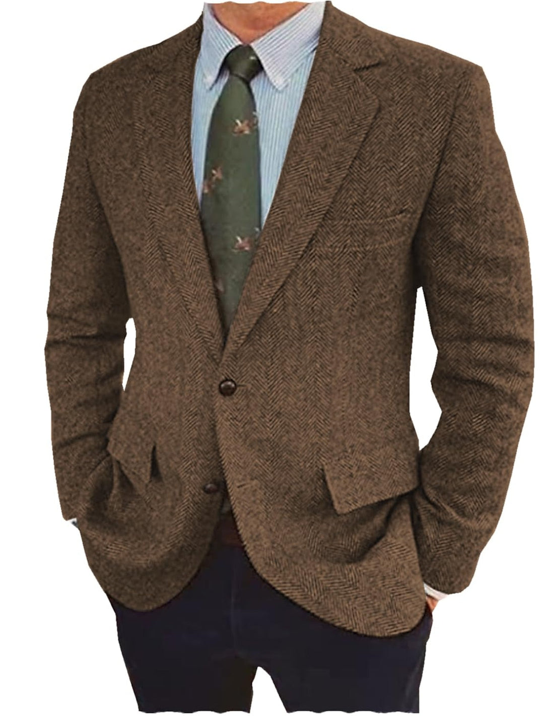 Brown Blue Men's Tailored Fit Single Breasted Two-buttons Tweed Casual Jacket
