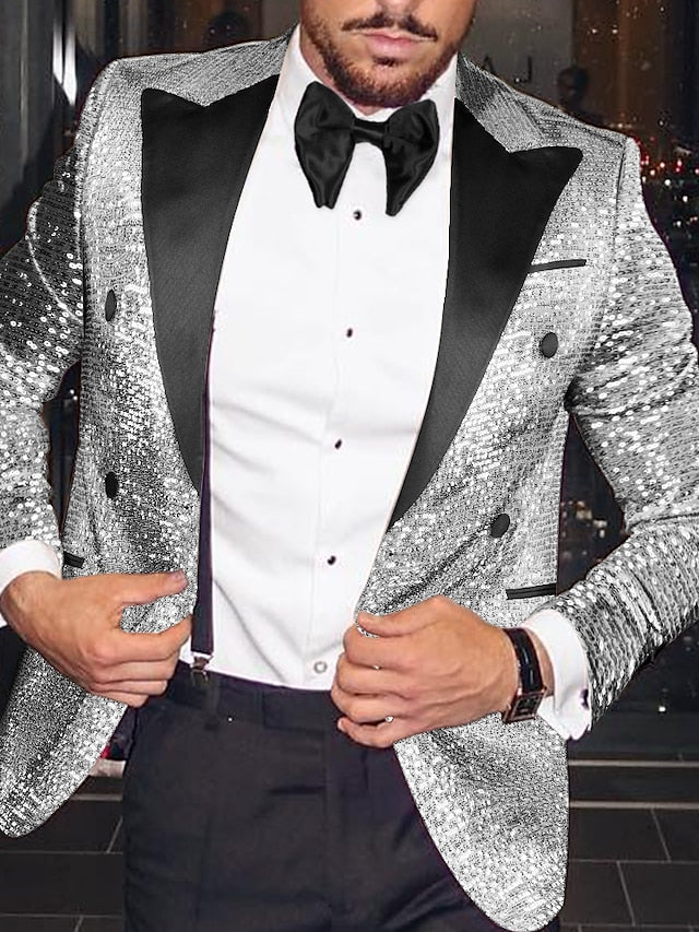 Men's Tailored Fit Double Breasted Six-buttons Sequins Blazer Jacket