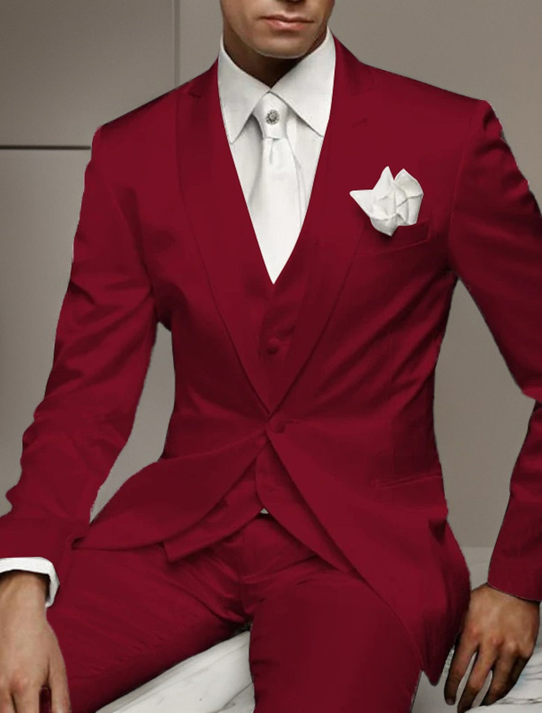 Red Men's Tailored Fit 3 Pieces Solid Colored Single Breasted One-button Party Suits