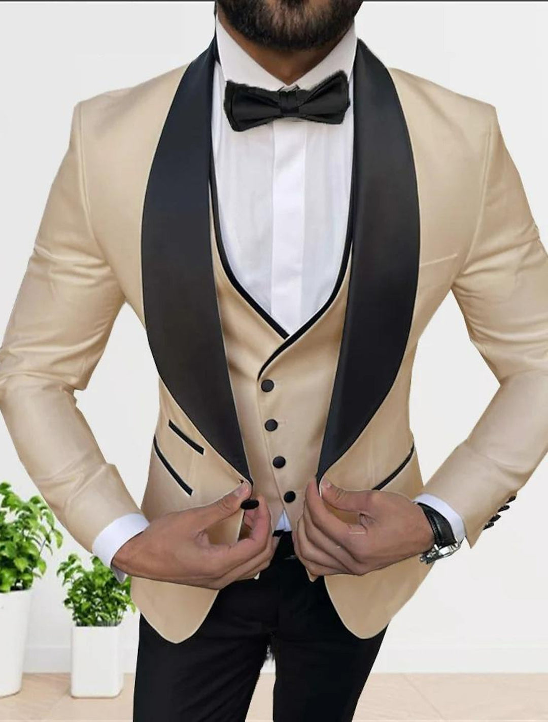 White Champagne Gray Men's Tailored Fit 3 Pieces Solid Colored Single Breasted One-button Party Suits
