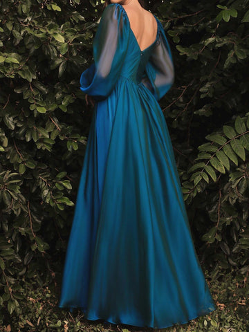 A-Line/Princess V-Neck Long Sleeve Floor-Length Formal Dresses with Velvet