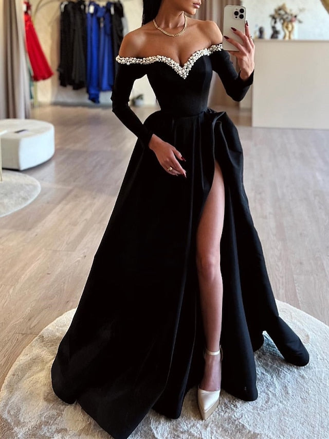 Stylish Ladies Formal Dresses Near Me Black Off-Shoulder Evening Dress 2026 For Women Long Sleeve Pearl Trim Gown Elegant A-Line Formal Maxi Dress With High Slit, Black Stylish Ladies Formal Dresses Near Me Black Off-Shoulder Evening Dress 2026 For Women Long Sleeve Pearl Trim Gown Elegant A-Line Formal Maxi Dress With High Slit, Black