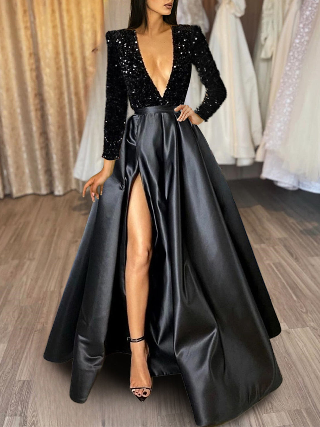 BlackEvening Maxi Gowns 2026 A-Line V-Neck Sparkly Sequins Long Formal Evening Party Evening Ball Gowns with Split Side, Black