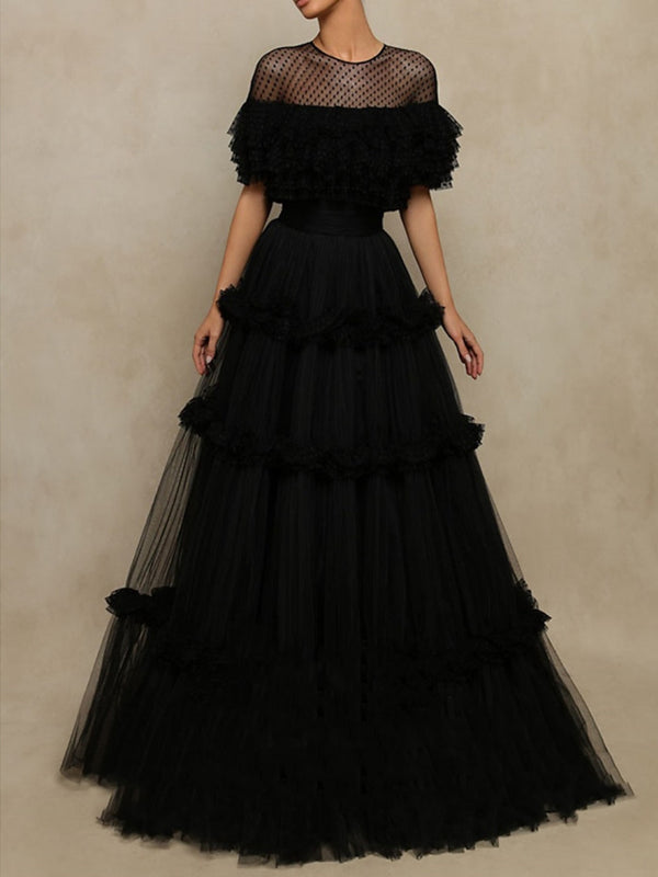 A-Line/Princess Sheer Neck Tulle Long Dresses Prom Dresses