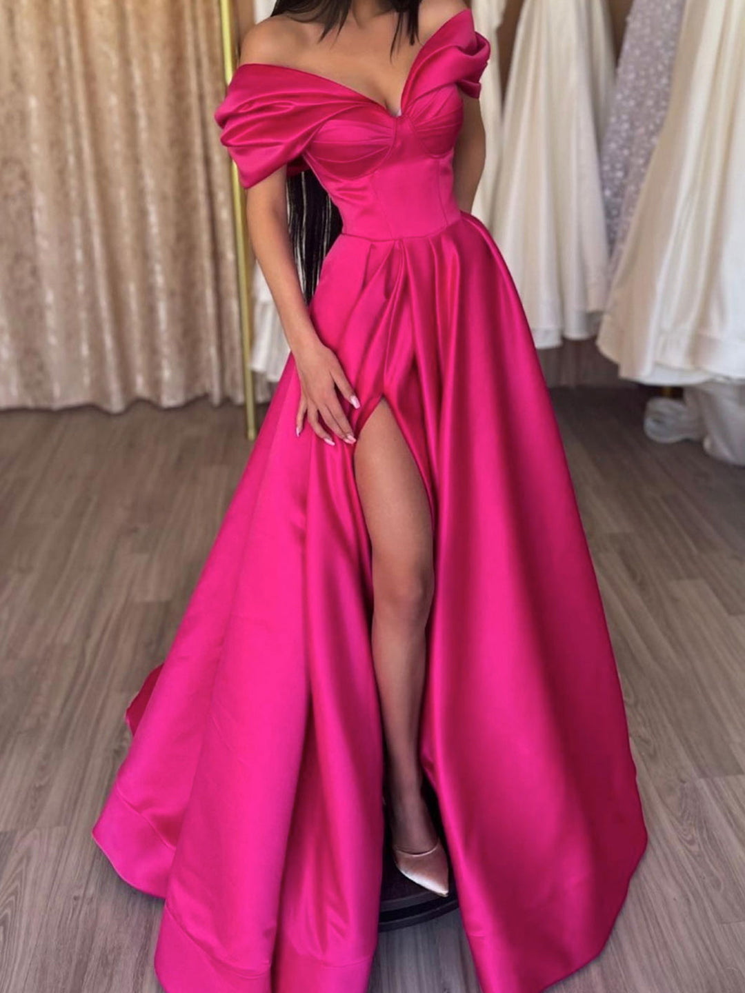 Hot Pink Satin Evening Maxi Gowns 2026 for Women Off The Shoulder Formal Dress Deep V Neck Puff Sleeve High Slit Prom Cocktail Gala Wedding Guest Hot Pink Satin Evening Maxi Gowns 2026 for Women Off The Shoulder Formal Dress Deep V Neck Puff Sleeve High Slit Prom Cocktail Gala Wedding Guest