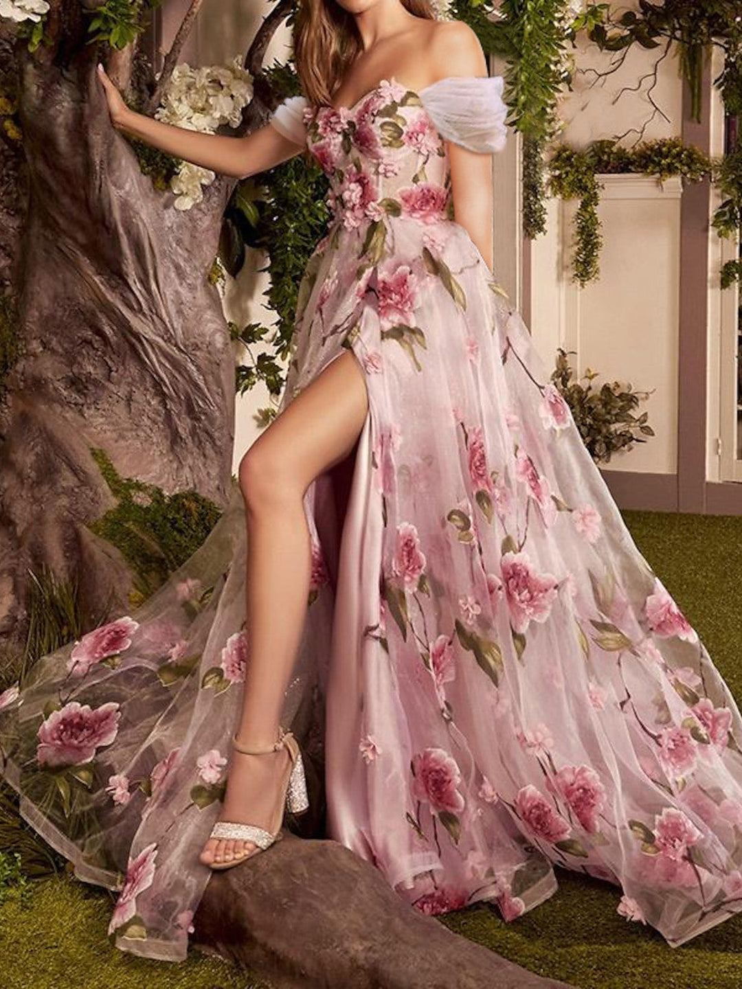 A-Line/Princess Off-the-Shoulder Long Prom Floral Dresses With