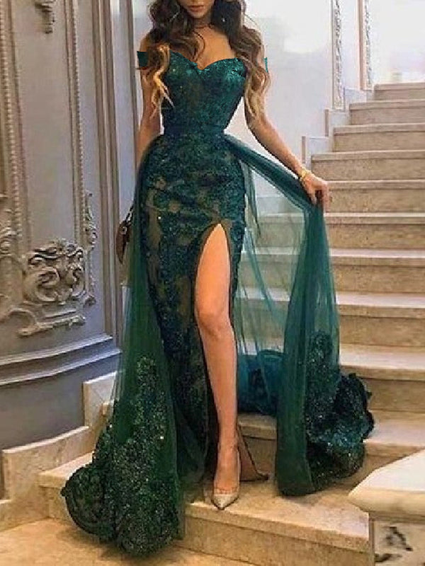 Sheath/Column Off-the-Shoulder Evening Dresses With Floor-length Applique & Split Side